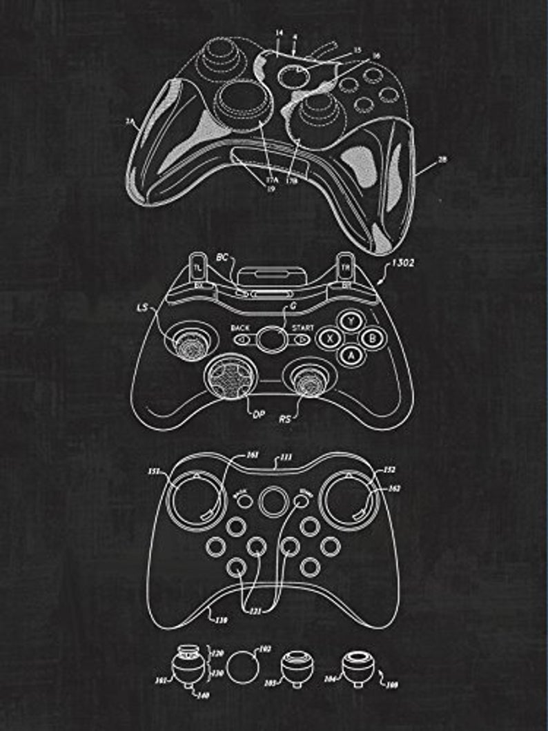 Xbox Controller, Video Games, Blueprint Patent MOUNTED Poster 24" x