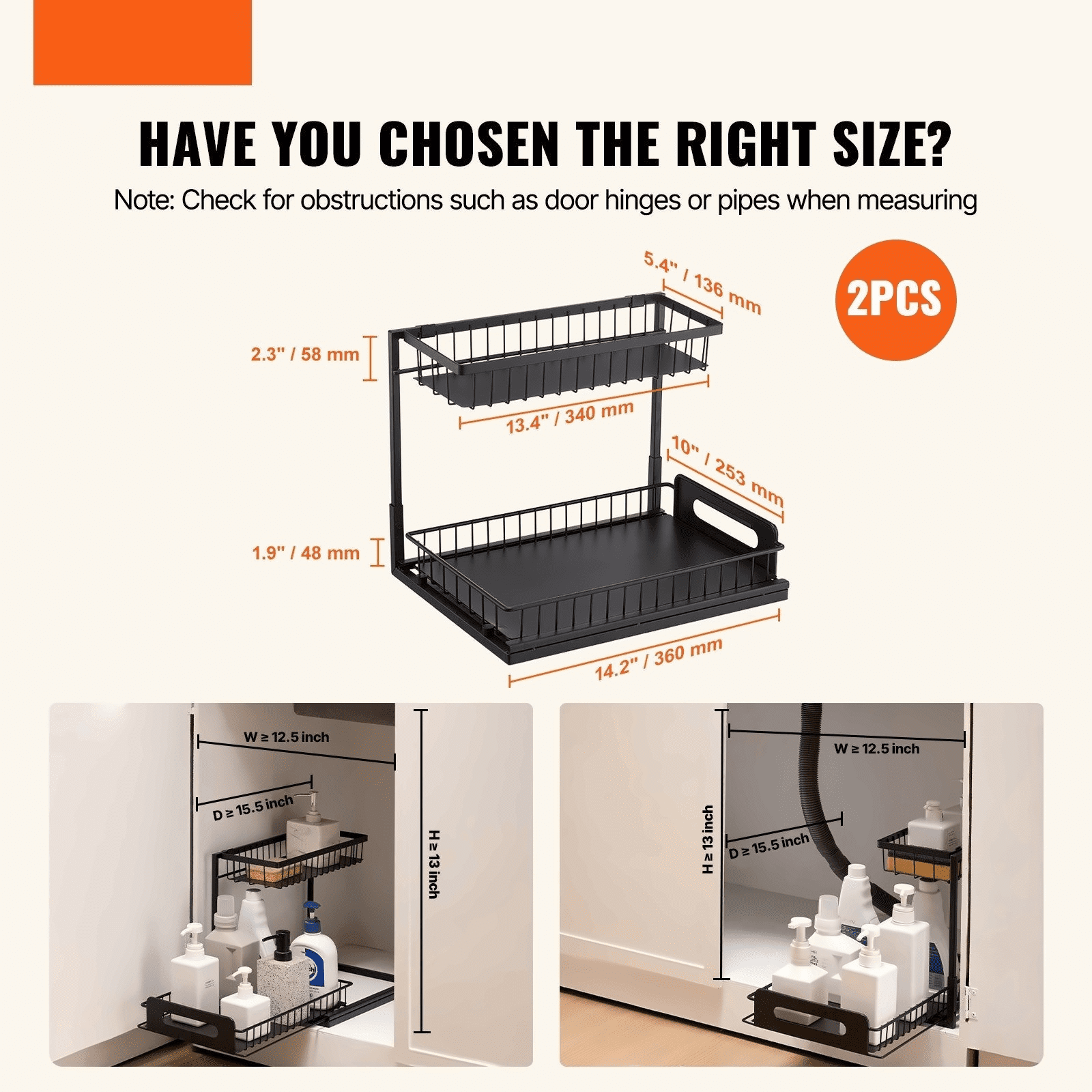Pull Out Cabinet Organizer 2 Tier - Under Sink Organizer & Storage (10.7"W x 14.2"D) - Sliding Shelf - Wire Basket - Kitchen, Bathroom, Cabinet - 12.5"W x 15.5"D x 13"H