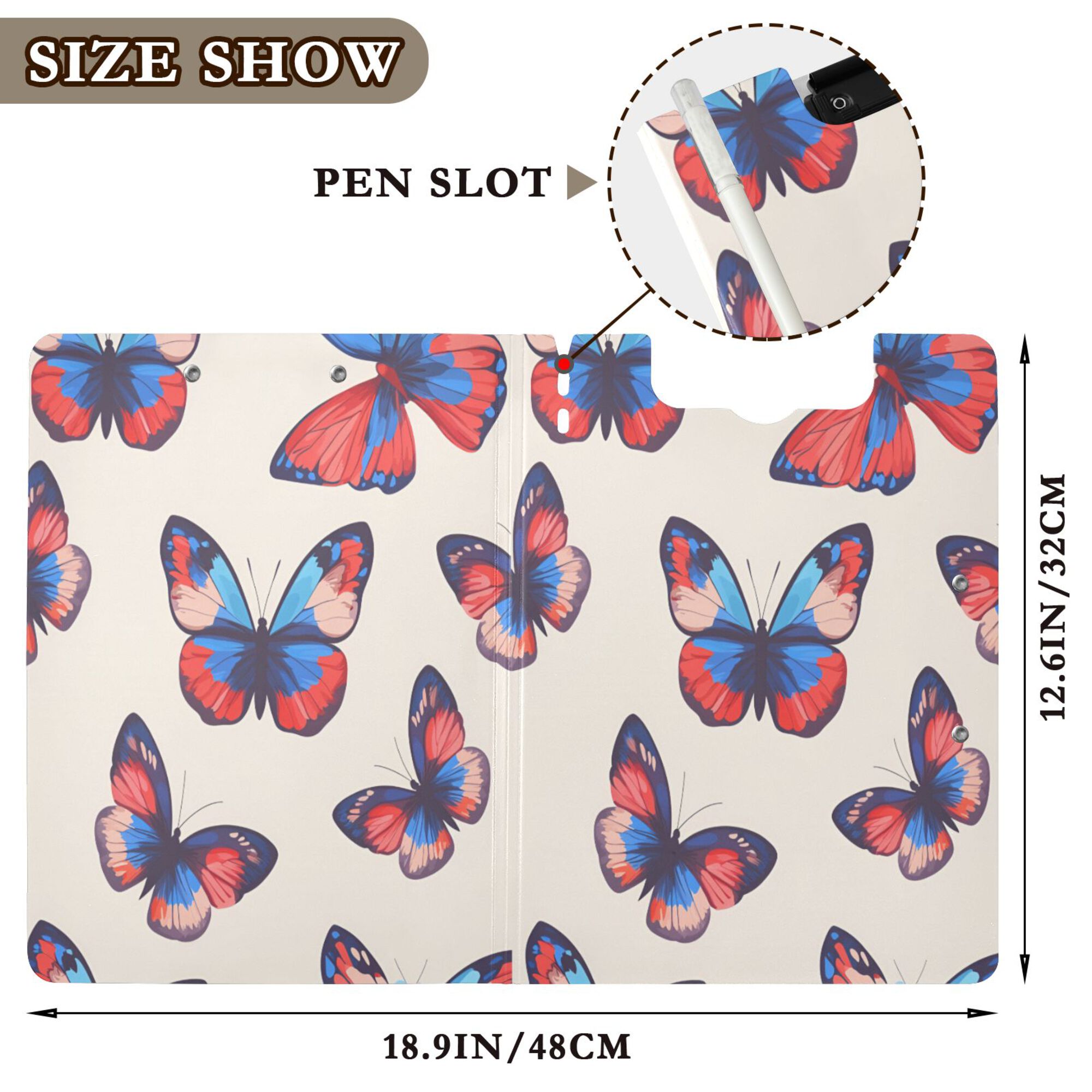 FORMRS A4 Clipboard Folder with Pen Holder Horizontal Foldable School Office Binder, Blue Butterflies