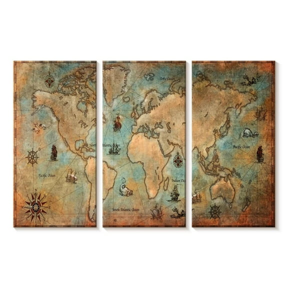 Elephant Stock Pirate World Map Wall Art - Horizontal Multi Panel Canvas - Living Room Wall Decor - Map Multi Panel - Beige And Gray Decor - 23" x 14"