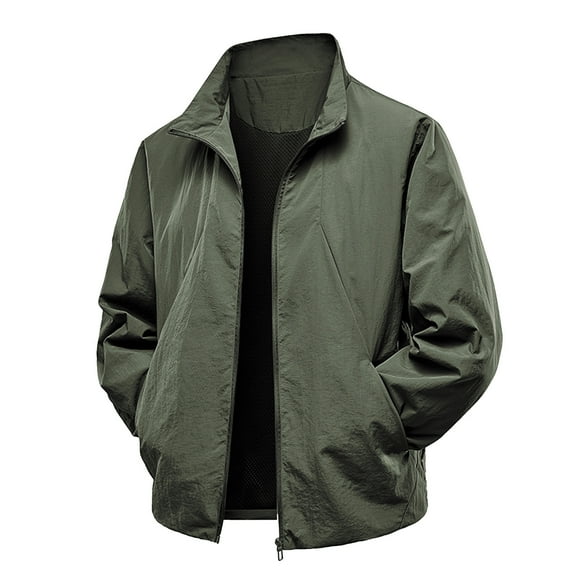 CharmCyan Men's Casual Loose Thin Stand-up Collar Jacket, Men's And Windproof Zipper Solid Color Coat Army Green L