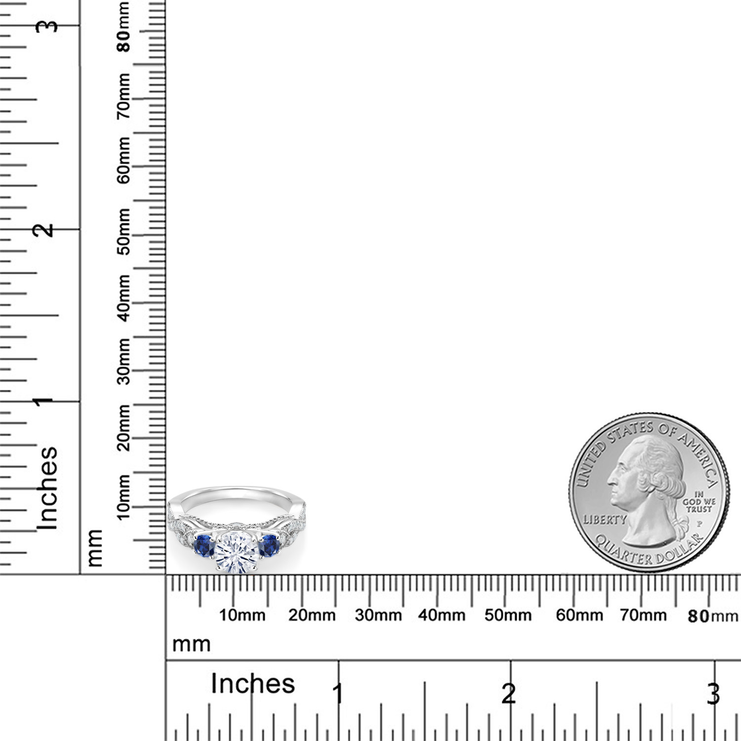 Gem Stone King 1.35 Cttw White Moissanite and Blue Created Sapphire 3-Stone Engagement Ring for Women | 925 Sterling Silver | Round 6MM and 3MM | Three Stone Wedding Anniversary Promise Ring | Size 5