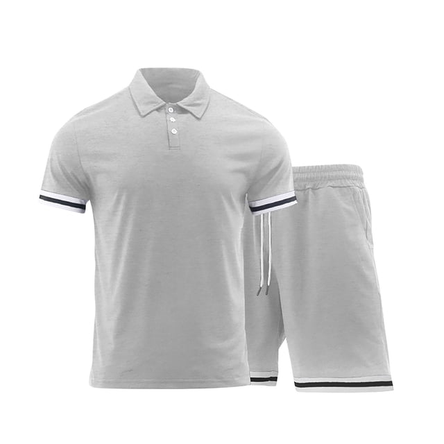 Camisas de Manga Corta de los Hombres Turn-Down Collar Conjunto de Coincidencia, Conjunto Corto de los Hombres de Poliéster Ligero
