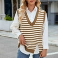 thumbnail image 2 of Olyvenn Sweater Vest for Women Split Hem Casual Striped V Neck Sleeveless Knitted Loose Pullover Sweaters Tops Brown L, 2 of 7