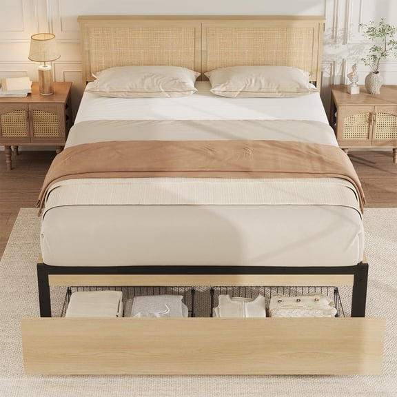 King Platform Bed Frame – Natural Rattan Headboard with 2 Storage Drawers – Sturdy Wood Slats, LED Lights – Noise Free, Boho Style – Natural Oak Finish
