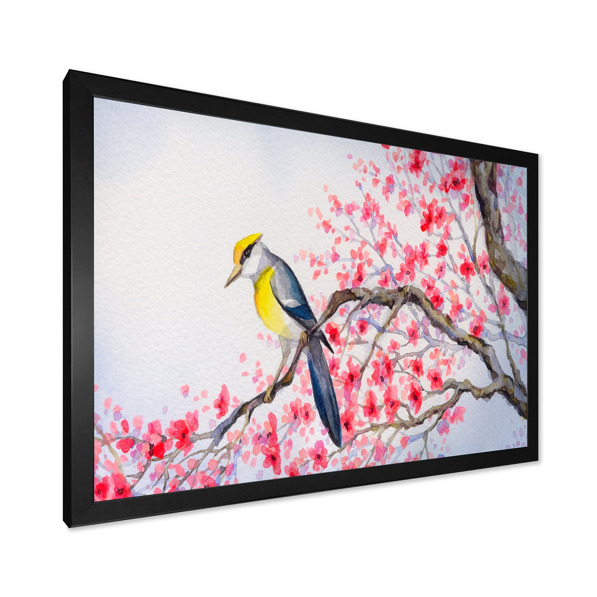 Beautiful Red Bird Sitting On Flowering Branch II 32 in x 16 in Framed Painting Canvas Art Print, by Designart