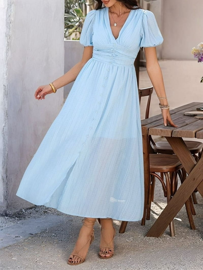 Women Summer Casual Midi Dress Puff Sleeve V Neck Ruched Button