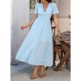 thumbnail image 4 of Women Summer Casual Midi Dress Puff Sleeve V Neck Ruched Button Front Split Boho Beach Vacation Wedding Dresses 2025 S, 4 of 9