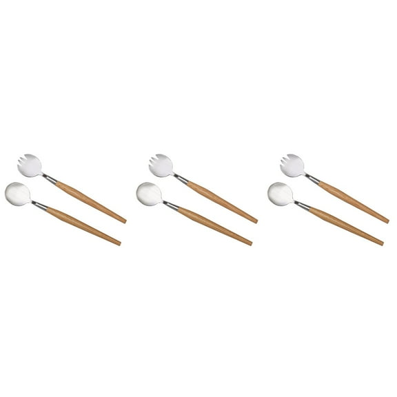 Worgeous 6 pcs  and Fork Set Stainless Steel Wooden Handle Salad Servers Flatware Fruit Cutlery Kit Tableware