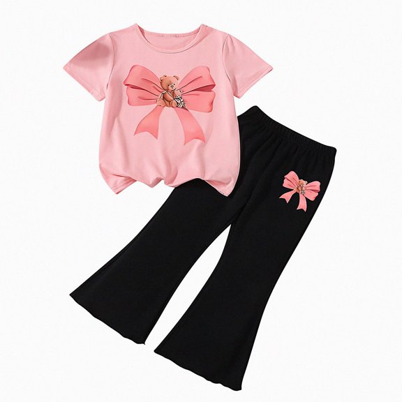 Crunowin Girls Boys Bear Print Round Neck Shirt And Elastic Waist Pants 2 Piece Casual Comfortable Outfit Set Pink Size 4T