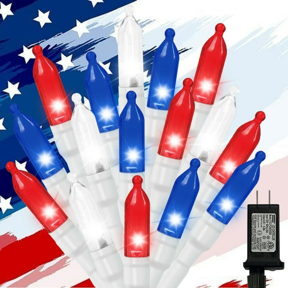 Red Blue White Christmas Mini Lights, 32.5FT 100 LED Clear Bulbs String Lights with 16 Light Modes, Fairy Lights Plug in for Outdoor Xmas Trees Garland Wreath Holiday Decorations