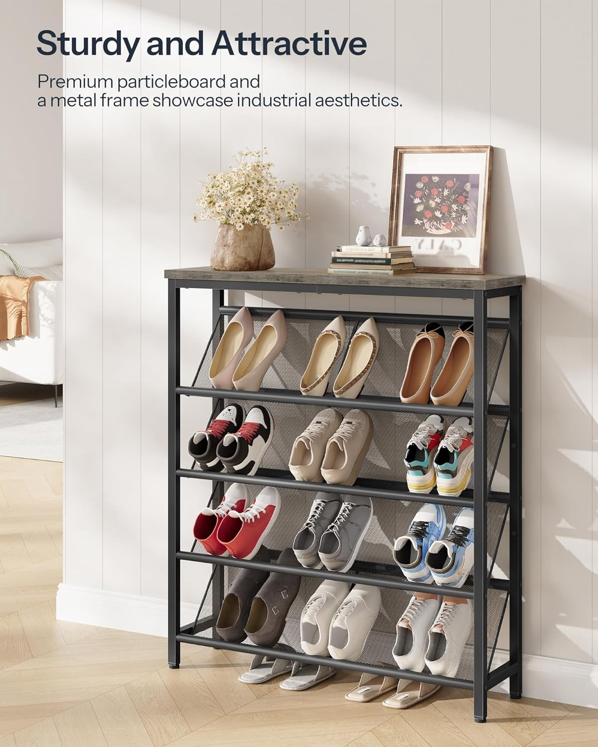 Shoe Rack, 5-Tier Slanted Shoe Storage Shelf, Narrow Shoe Rack for Entryway, Shoe Organizer with Adjustable Feet, Slim Shoe Shelf with Wooden Top and Metal Frame, Greige and Black TXJ02BG