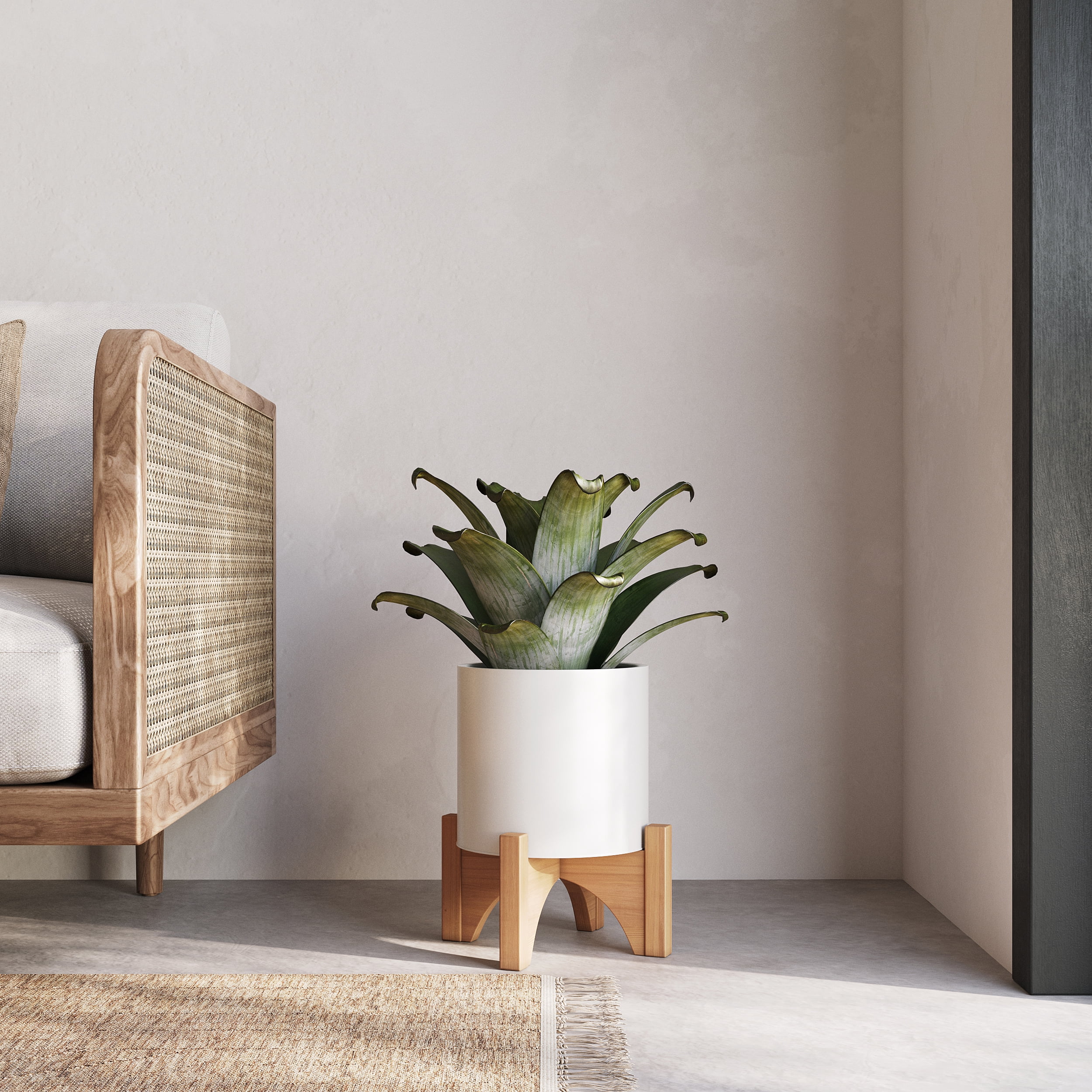 Raya White Mid-Century Modern Indoor Metal Pot Planter with Arch Wood Base - 12.25" H x 9.75" W
