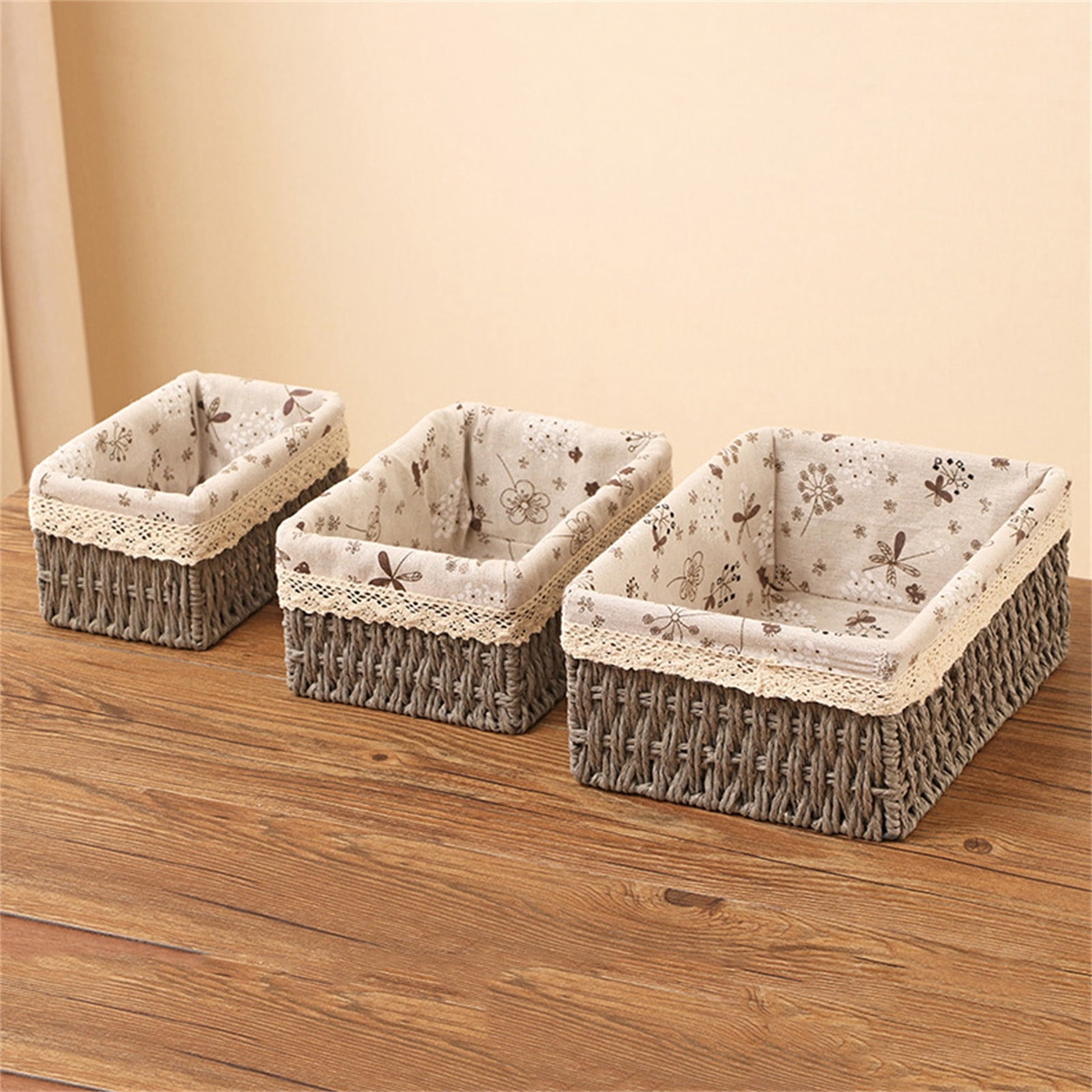 Storage Organizer Wicker Basket Set with Floral , Decorative Woven Baskets for Kitchen and Bathroom, Easter Decorations for Home, Basket for Gifts, Gray