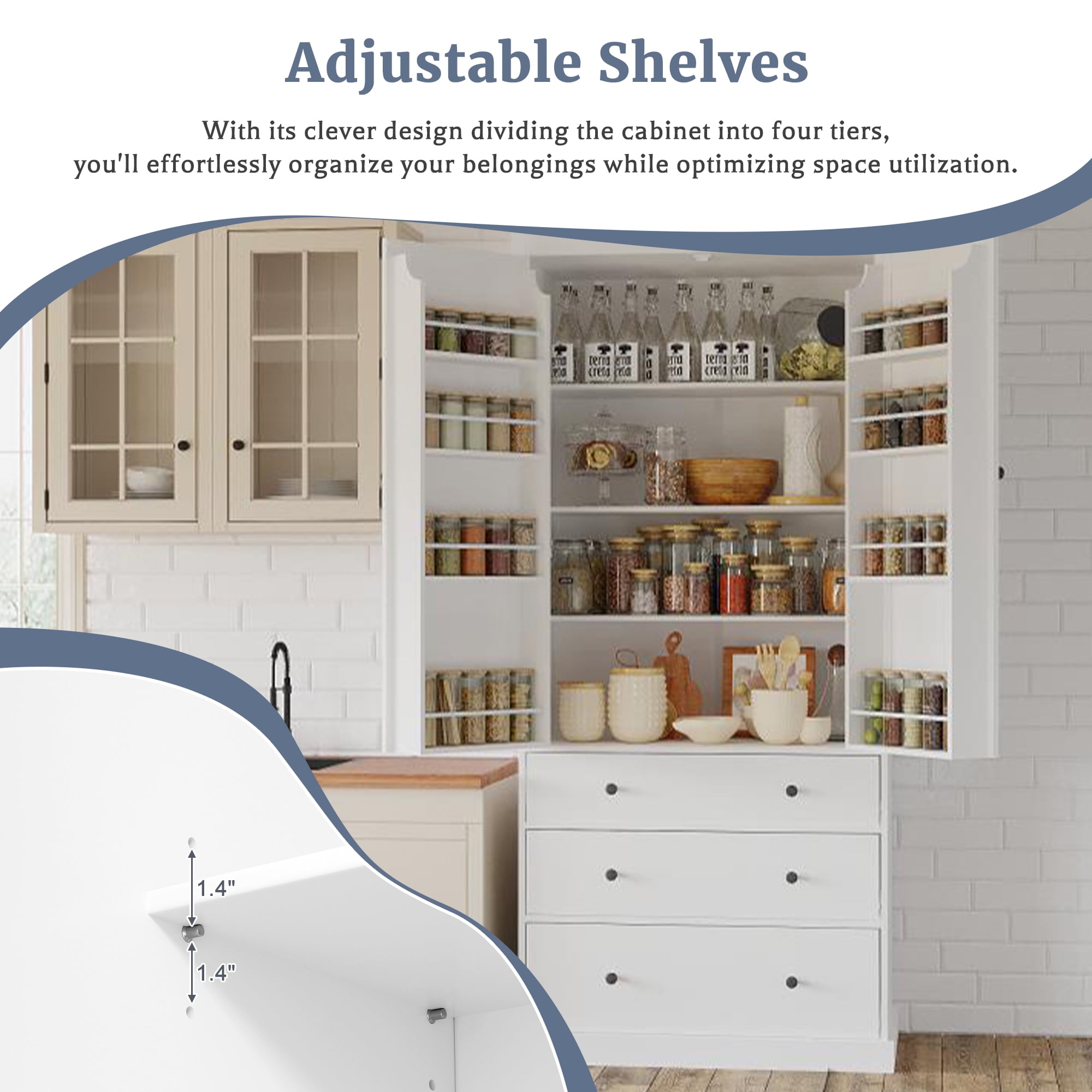 Euroco Spacious Kitchen Pantry with Adjustable Shelves, 8 Door Shelves, 3 Large Slide-Out Drawers, and Anti-Tipping Devices – Durable MDF Construction, Easy Assembly