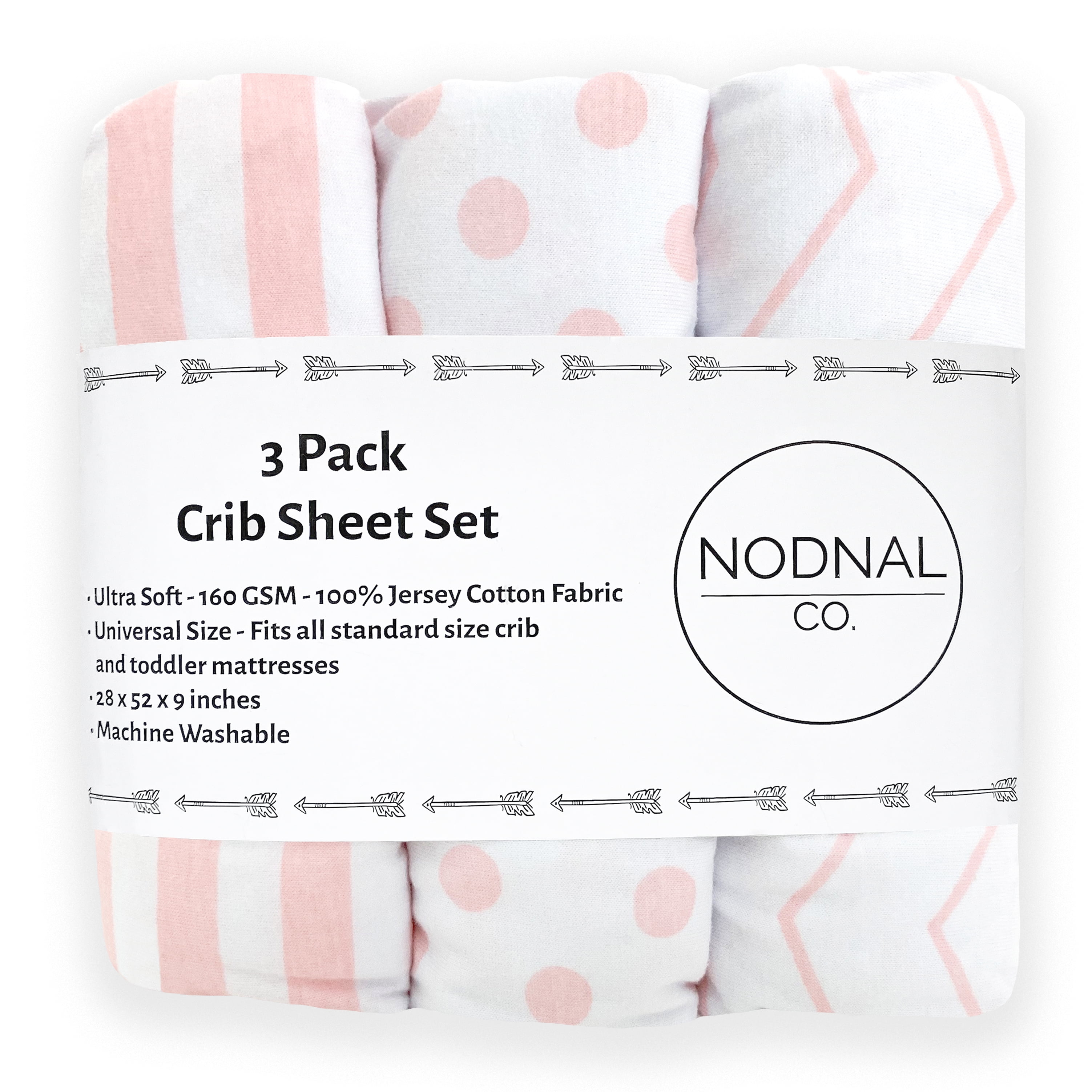 NODNAL CO. Pink and White Cotton Crib Fitted Sheet Set, 3 Pieces, for Baby Girl Infant/Toddler Nursery Bedding