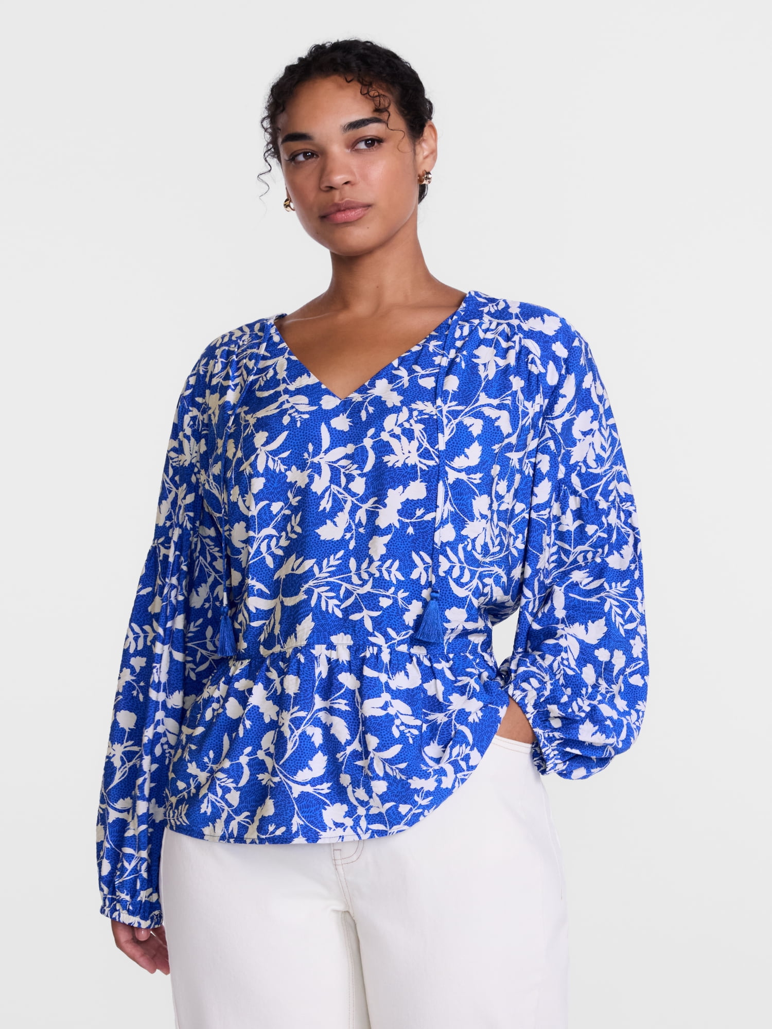 Scenario Women's and Women's Plus Gathered Yoke Blouse with Long Sleeves, Sizes XS-4X