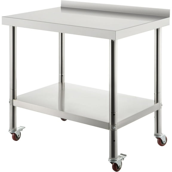 KFFKFF 30"x24" Stainless Steel Work Table, 440lbs Load Capacity Heavy Duty Metal Worktable with Backsplash Adjustable Undershelf & 4 Casters, Commercial Workstation for Kitchen Restaurant