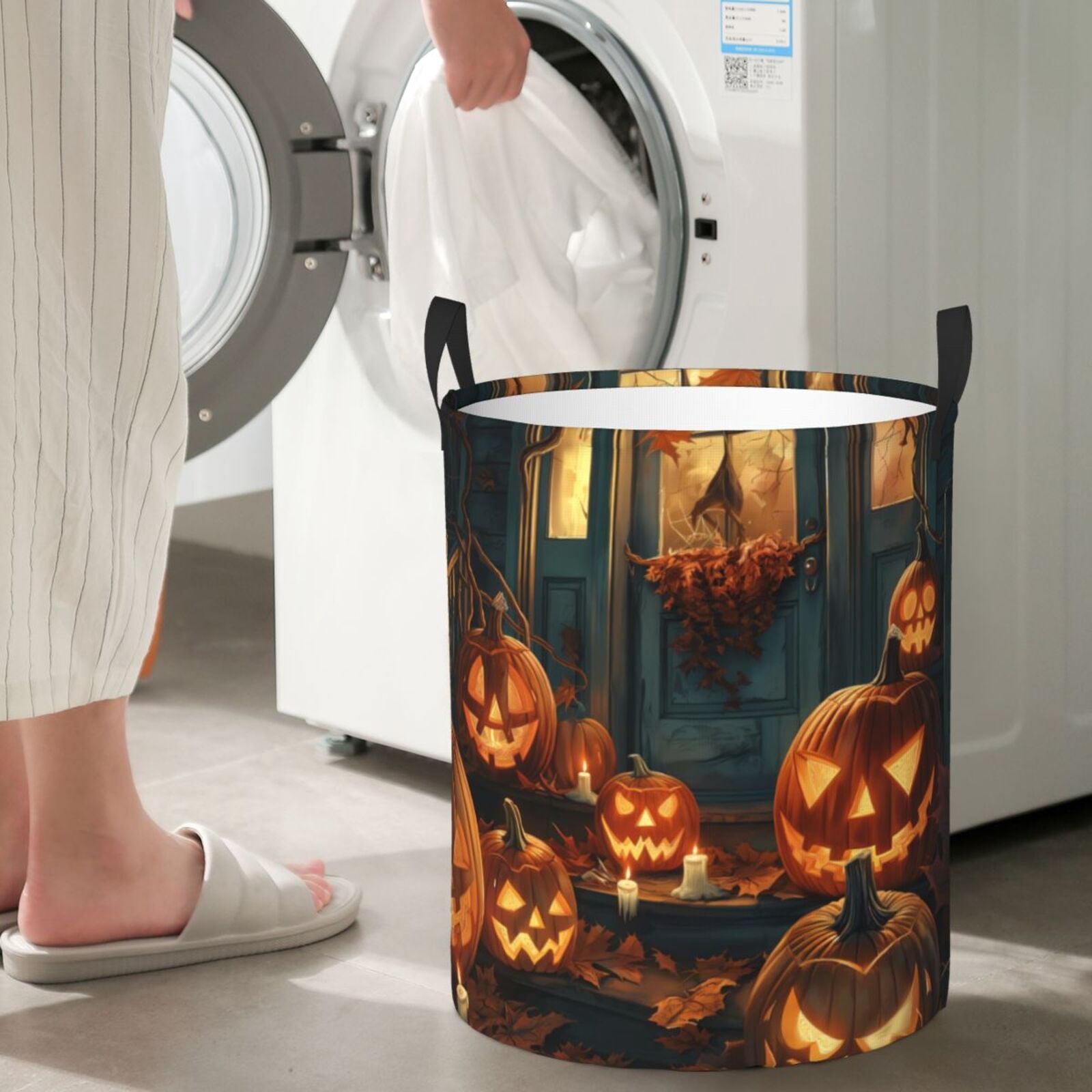 Large Laundry Basket with Handles - Halloween Vintage Glowing Pumpkin Kids Baby Dirty Clothes Laundry Hamper for Bedroom Aesthetic