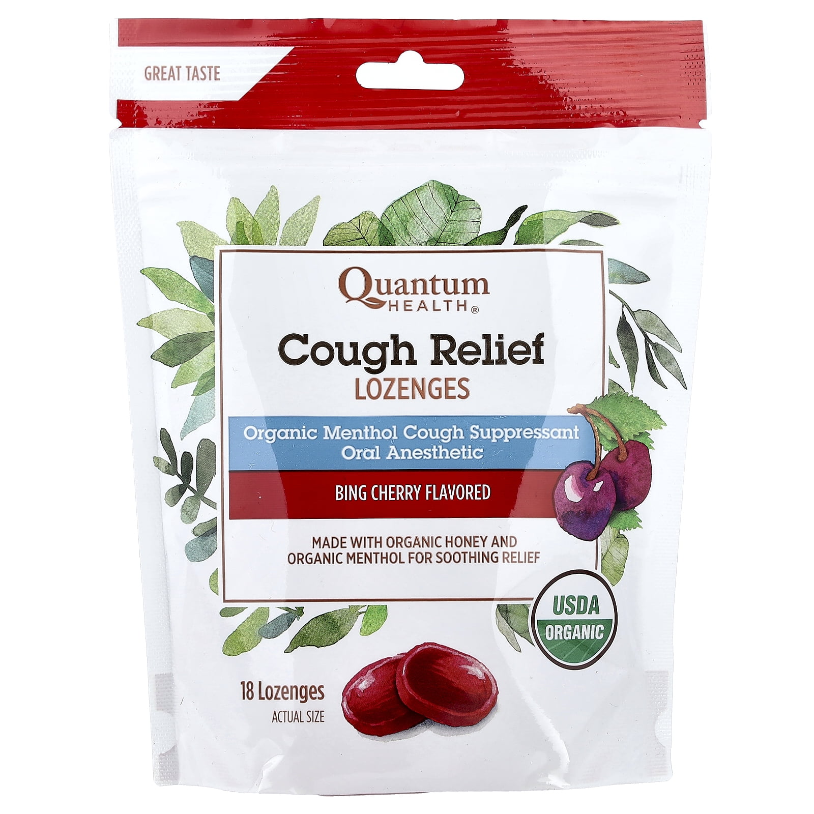 Quantum Health Organic Cough Relief Lozenges, Bing Cherry Flavor, 18 ea