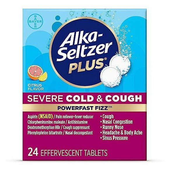 ALKA-SELTZER PLUS Severe,Cold & Cough Medicine for Adults,PowerFast Fizz Citrus Effervescent Tablets,Fast Relief of Headache,Sore Throat,Cough,Nasal & Sinus Congestion 24 Count, Packaging May Vary