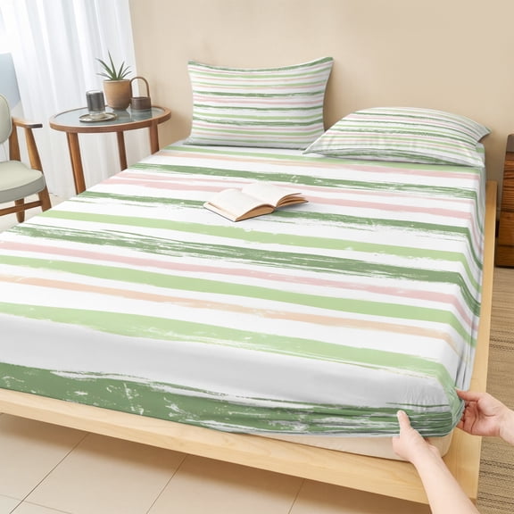 Twin XL Size Fitted Sheet Set - Green Pink Stripes 2 Piece Bedding Sets 16" Deep Pocket Fitted Sheet with 1 Pillowcases, Gradient Geometric Smear Art Paint Brushed Microfiber Hotel Luxury Bed Sheets