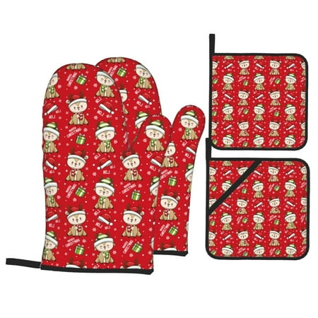 

Oven Mitts and Pot Holders Sets 4 pcs - cute Christmas Moose Heat Resistant Silicone Oven Gloves with Non-Slip Silicone Surface and hot pads for kitchen Baking Cooking BBQ