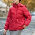 thumbnail image 2 of Women's Winter Hooded Jacket Solide Color Zip UP Puffer Jacket Thicken Stand Collar Snow Coat with Removable Hood Red 4XL, 2 of 9