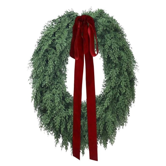 18" Christmas Wreaths for Front Door Artificial Greenery Wreath with Red Bow Decorative Wreath for Xmas Real Touch Wreaths for Indoor Outdoor Holiday Decoration