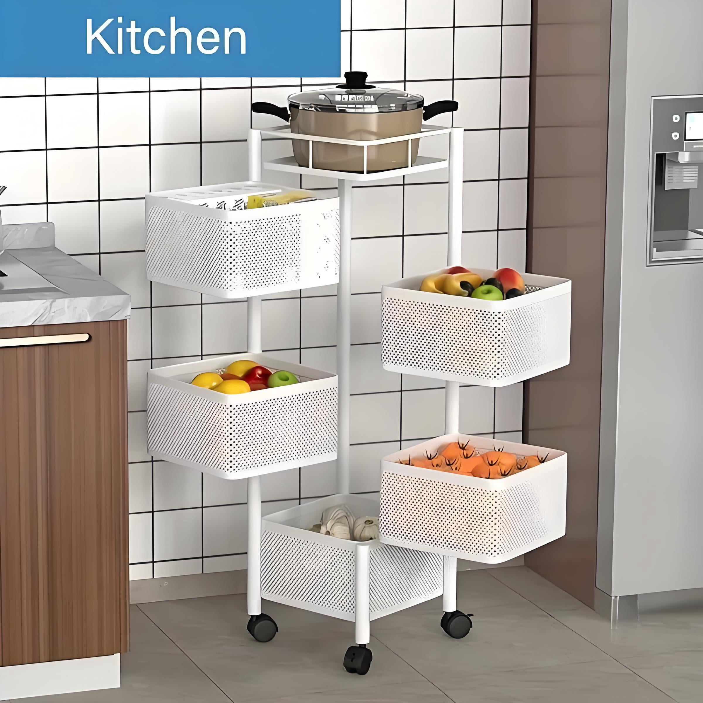 Howcool Square 5-Tier Rotating Kitchen Organizer, Heavy-Duty Metal Rolling Storage Cart with Wheels
