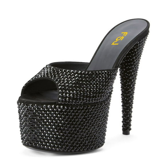 FSJ Women Classic Stiletto High Heel Mules Peep Open Toe Backless Platform Sandals Slip On Summer Daily Walking Party Dressy Slide Shoes Size 8 Black Rhinestone