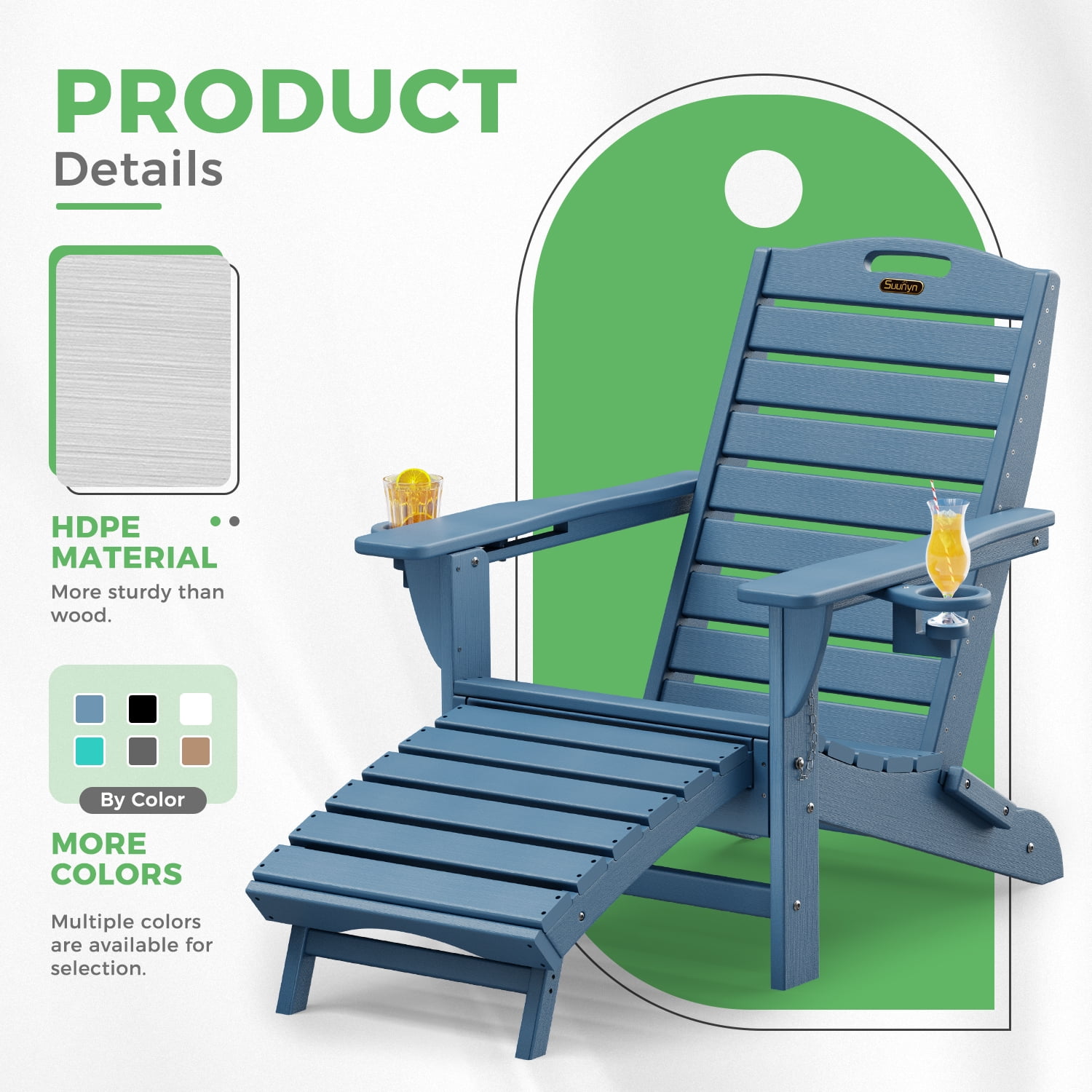 Folding Adirondack Chair with Ottoman Set of 2 HDPE Outdoor Chair Pull Out Footrest with 2 Cup Holders Garden Lawn Navy