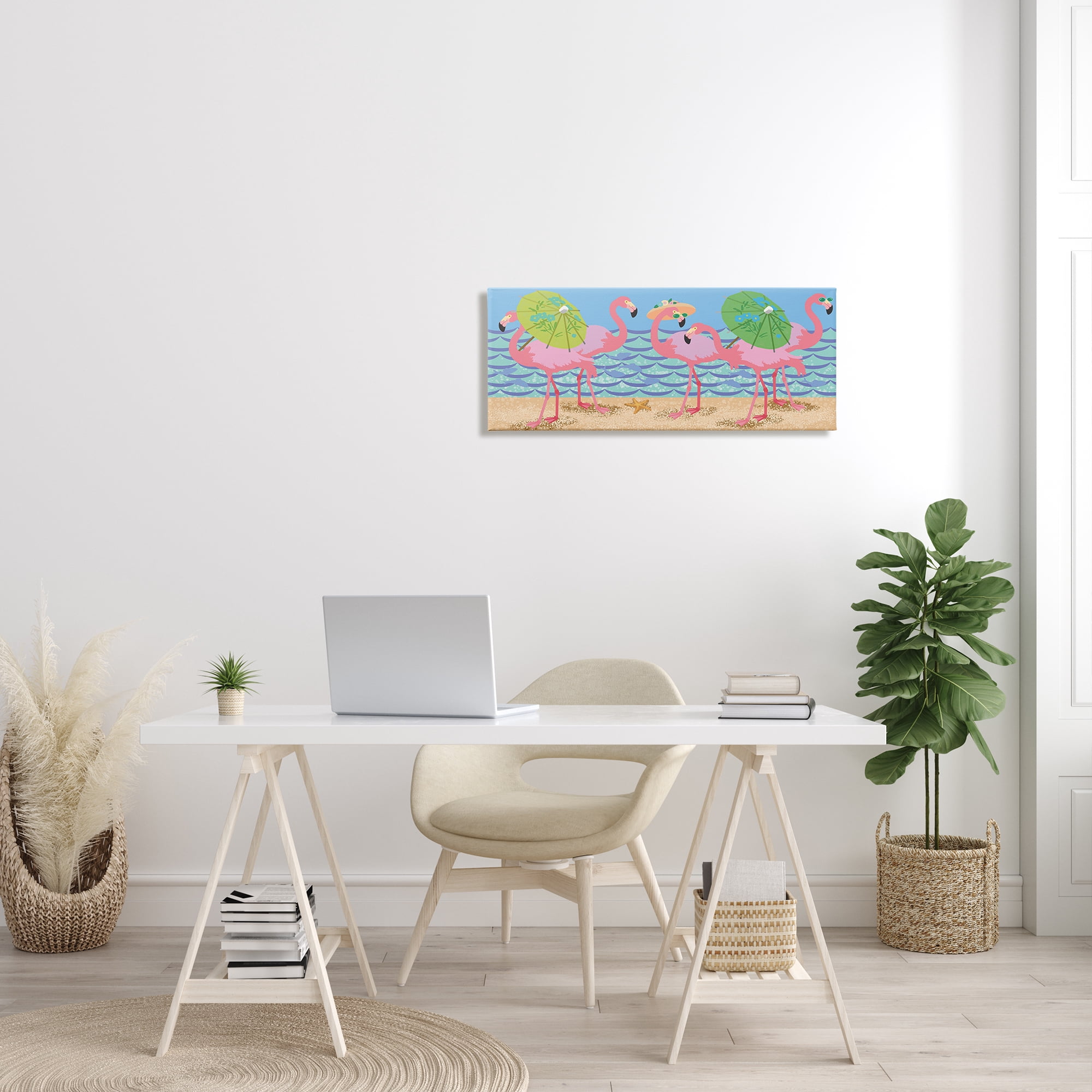Stupell Industries Pink Flamingos with Floral Umbrellas Beach Waves, 13 x 30, Designed by Sally Springer Griffith