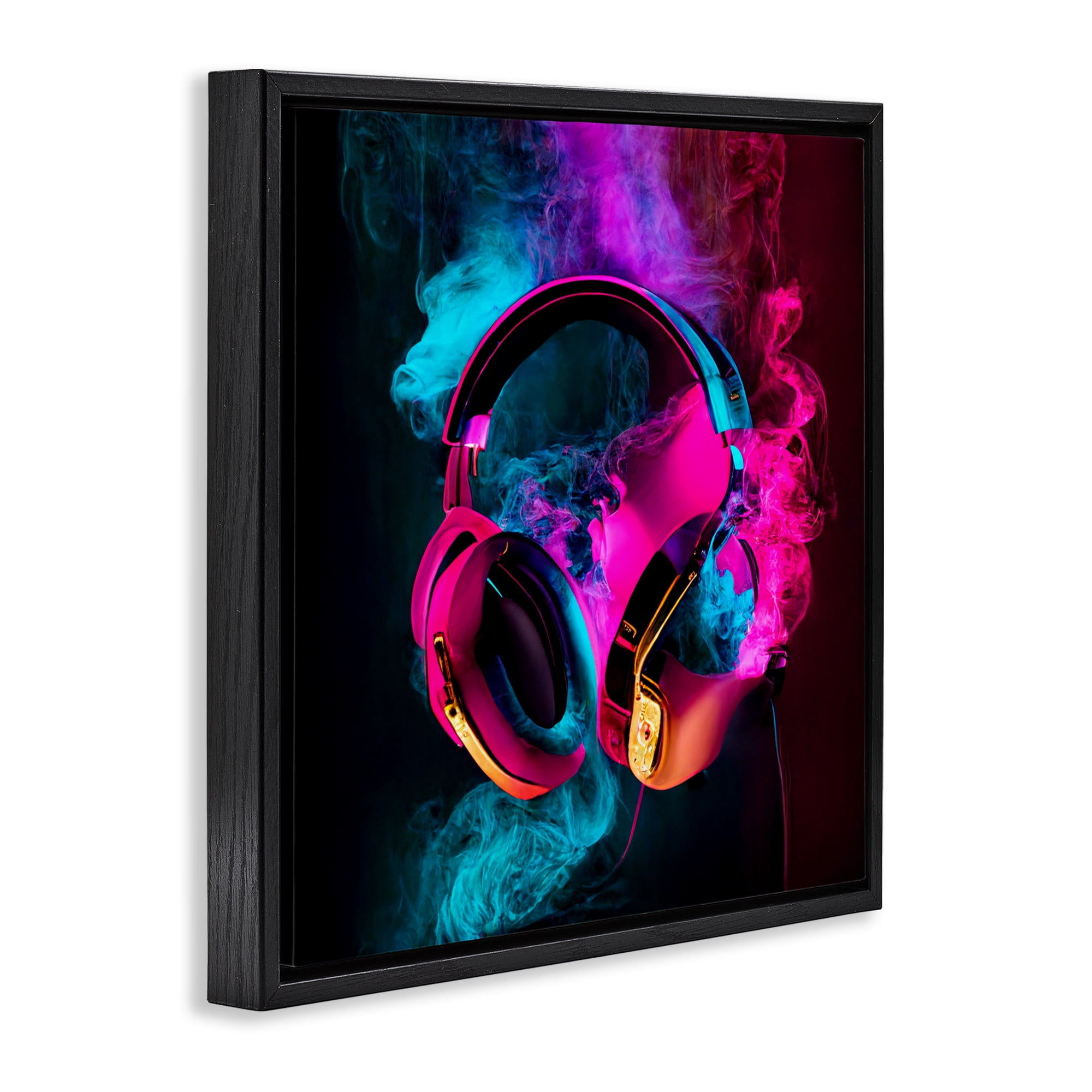 Power Play Pink & Blue Headphones Black Framed Floater Canvas Wall Art, design by Sasha