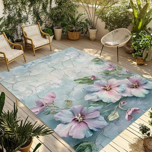 Fsddascl Spring Pink Flower Outdoor Rug for Patio/Deck/Porch, Non-Slip Large Area Rug 6 x 9 Ft, Branch Blue Vintage Mottled Wall Indoor Outdoor Rugs Washable Area Rugs, Reversible Camping Rug Carpet