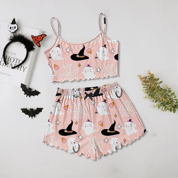 Halloween Under $ 10 Women Pajama Sets Women Glow Vest Set With Printed Shorts Flannel Cozy Wear Pink Pajama