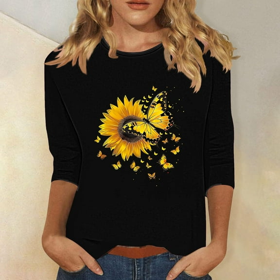 Fznquz Black Plus Size Shirts for Women Floral Crew Neck 3/4 Sleeve Tees Casual Soft Spring Summer Women Tops L