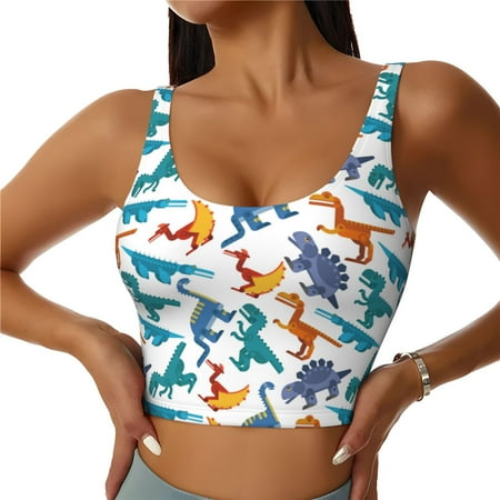 Jgfou Block Dinosaur Print Womens Sports Bra - Padded Workout Sports Bras Crop Tank Top
