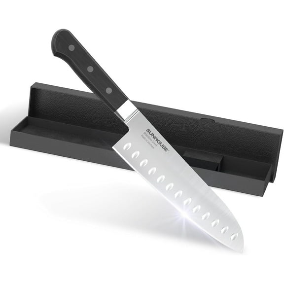Sunhouse 7 inch Santoku Knife,  AUS-8 Stainless Steel – Superior 59HRC Hardness with Ergonomic Handle