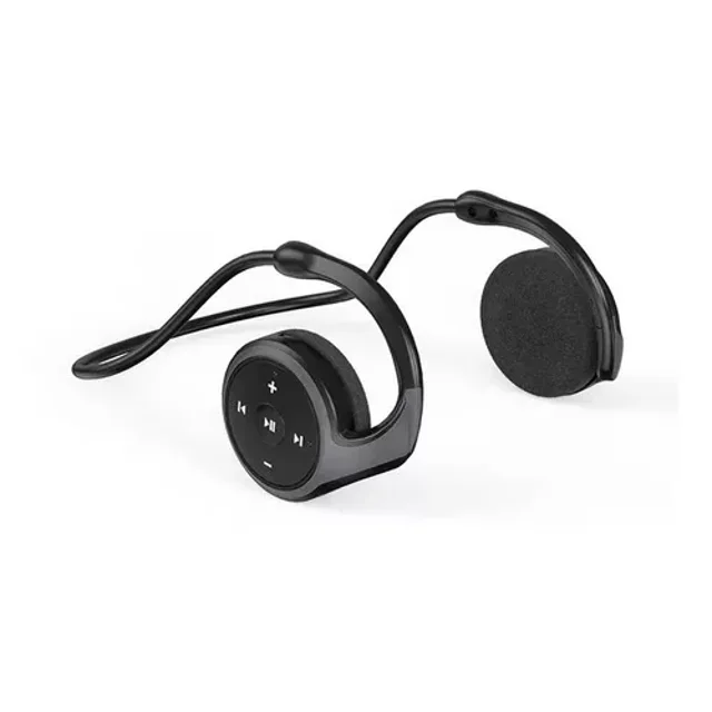 audífonos inalámbricos bt 5.0 radio fm, micro sd pamolo sonido estéreo negros con diadema flexible y ganchos tras la oreja; vista frontal que muestra controles circulares para reproducción/pausa y volumen, almohadillas de espuma, puerto micro SD y micrófono integrado; superficie mate, resistentes al agua IPX5, Bluetooth 5.0 con alcance de 10 m y batería 450 mAh; a menudo usados para ejercicio y viajes por su diseño plegable.