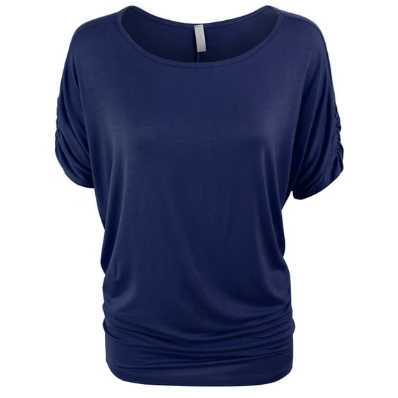 KOGMO Womens Solid Basic Womens Boatneck Dolman Top with Sleeve Shirring (S-3X)