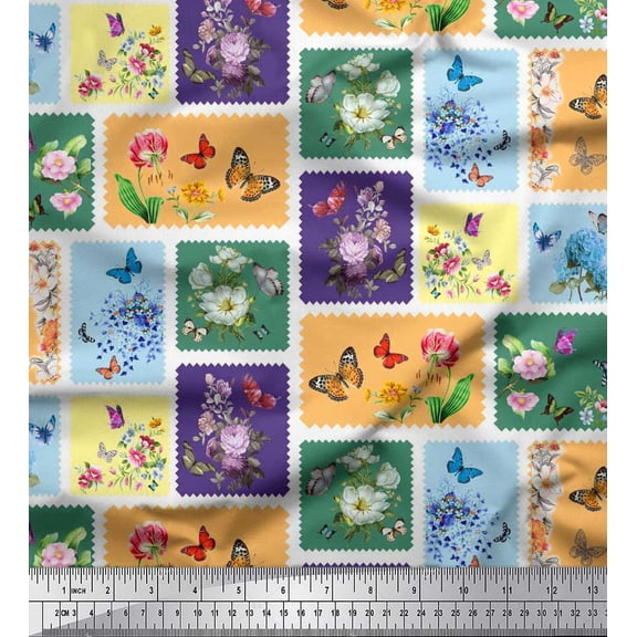 Soimoi Purple Polyester Crepe Fabric Floral & Insect Patchwork Print Sewing Fabric BTY 52 Inch Wide