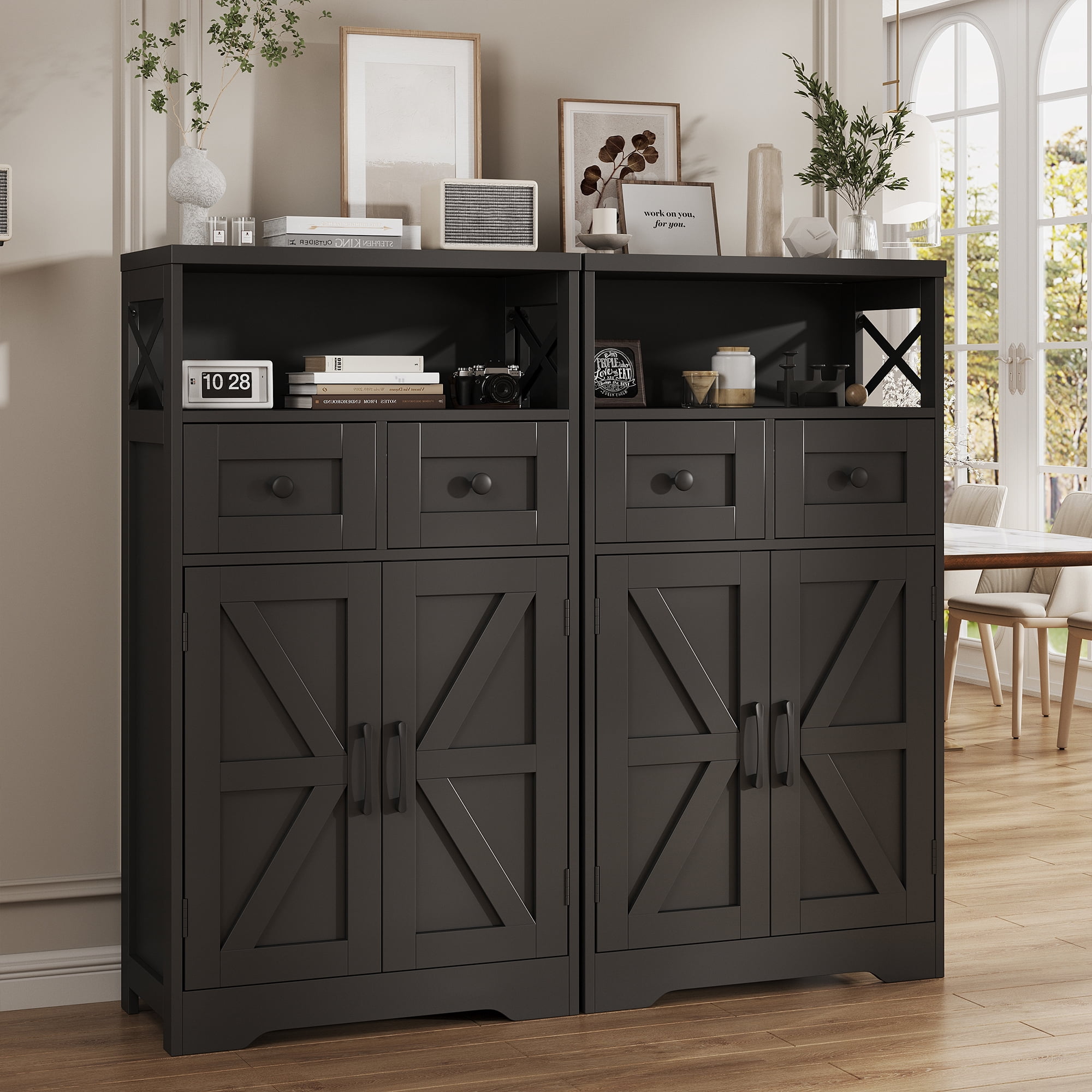 Black Storage Cabinet with Drawers and Shelves, Freestanding Black Kitchen Pantry Storage Cabinet, Floor Storage Cabinet Hutch Cupboard Black for Dining/Living Room/Home Office