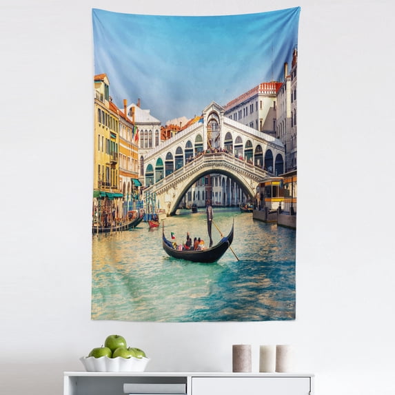 Venice Tapestry, Cityscape on a Sunny Day Rialto Bridge Venetian Grand Canal Travel Destination, Fabric Wall Hanging Decor for Bedroom Living Room Dorm, 5 Sizes, Multicolor, by Ambesonne