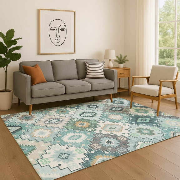 Addison Rugs Mayfield Premium Machine Washable Transitional Ethnic Teal Rectangle Rug, 10' X 14' Machine Washable Transitional Ethnic Teal Oversized Sherpa Throw Blanket