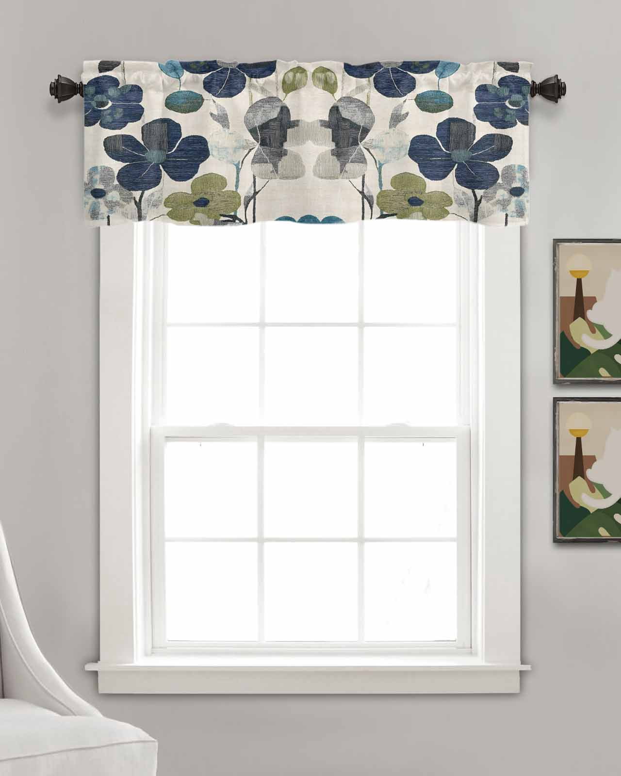 Navy Blue Green Floral Kitchen Valances for Windows Farmhouse Linen Window Valance Curtain for Living Room Window Treatment Vintage Botanical Leaves Valance Rod Pocket Topper Drape, 54 x 18 Inch