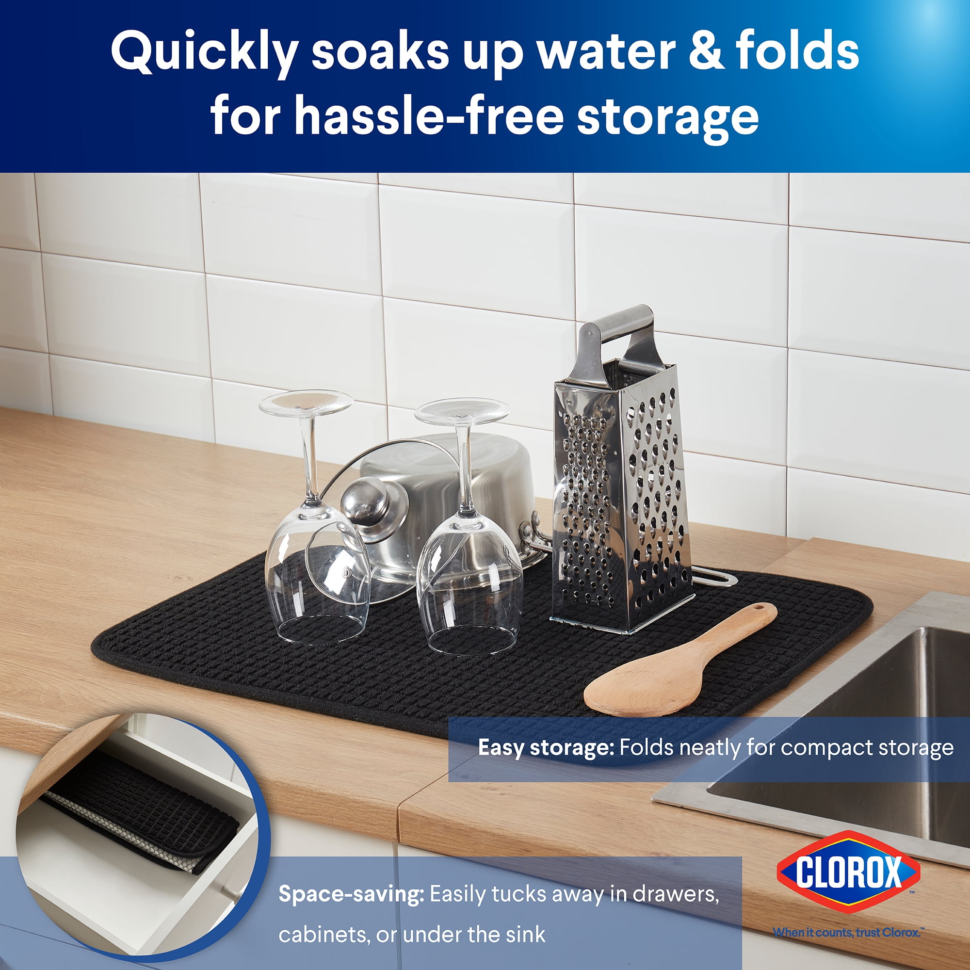 Clorox Dish Drying Mat, Absorbent Microfiber, 50% Recycled for Kitchen, 15" x 20" Black