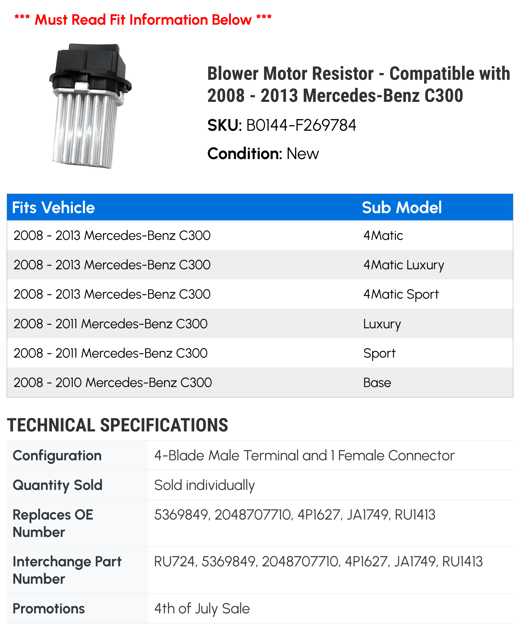 Blower Motor Resistor - Compatible with 2008 - 2013 Mercedes-Benz C300 2009 2010 2011 2012