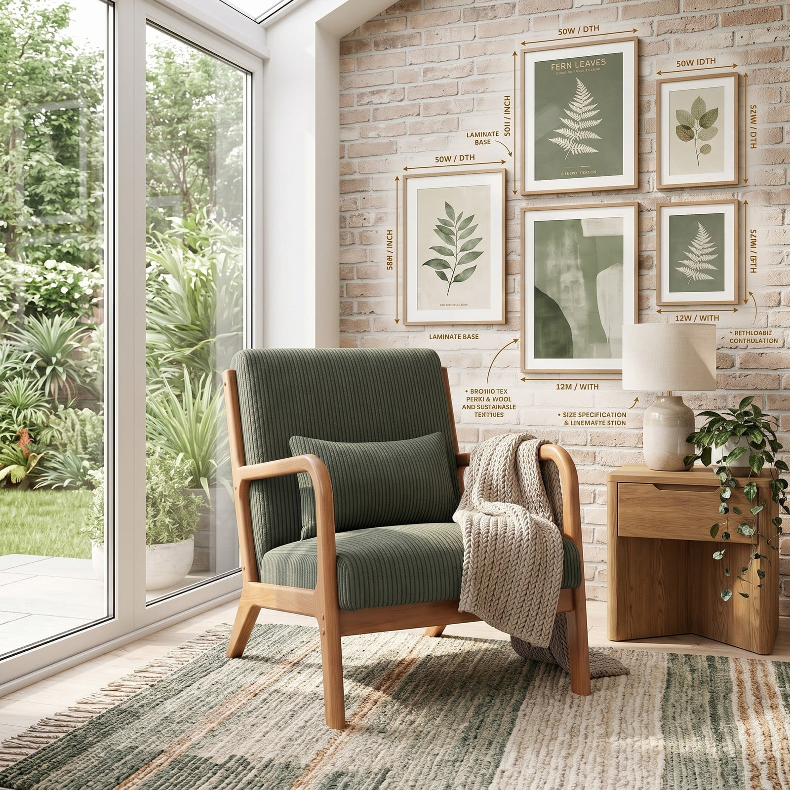 Furnibear Accent Chair, Corduroy Upholstered Lounge Chair with Lumbar Pillow, Ergonomic 105-Degree Backrest, Solid Wood Frame Armchair for Living Room Bedroom, Green