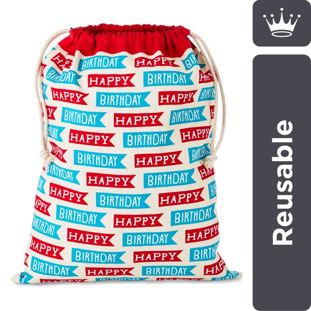 Hallmark 20" Extra Large Birthday Drawstring Gift Bag (Red and Blue